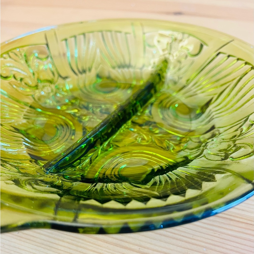 Vintage green glass serving dish/bowl with partition, unique design, beautiful